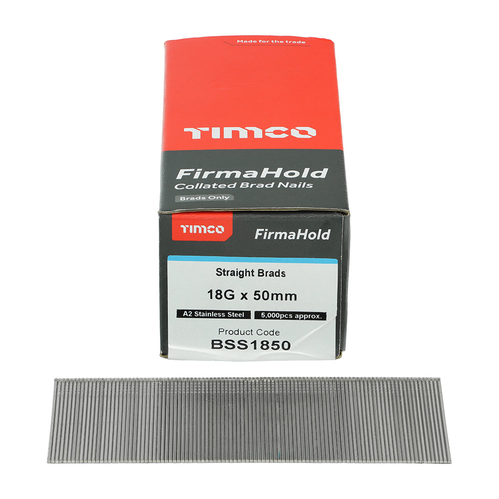 5000 x TIMCO FirmaHold Collated 18 Gauge Straight A2 Stainless Steel Brad Nails - 18g x 50