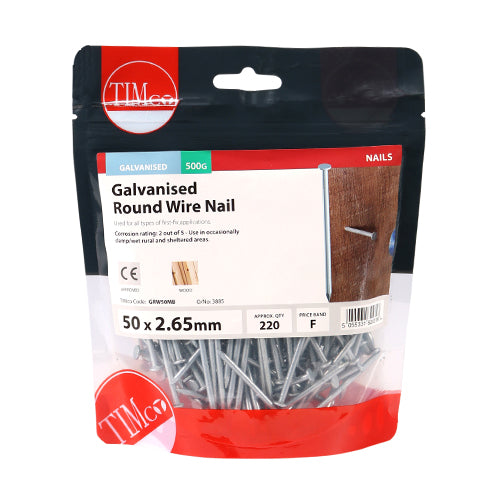 0.5kg - TIMCO Round Wire Nails Galvanised - 50 x 2.65