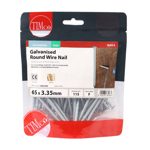 0.5kg - TIMCO Round Wire Nails Galvanised - 65 x 3.35