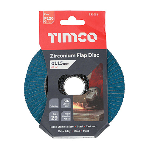 TIMCO Flap Disc Zirconium Type 29 Conical P120 Grit - 115 x 22.23