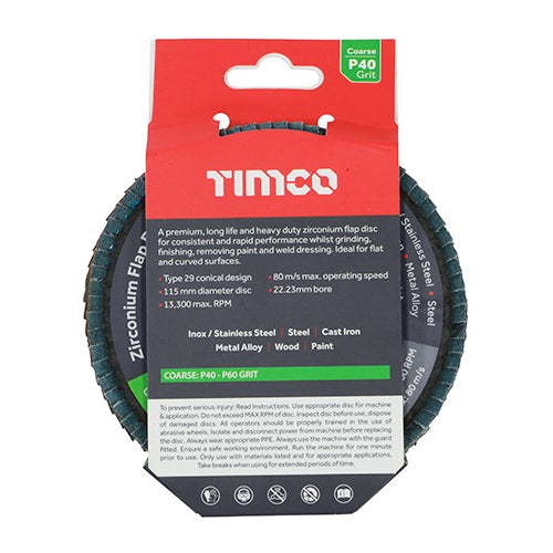 TIMCO Flap Disc Zirconium Type 29 Conical P40 Grit - 115 x 22.23