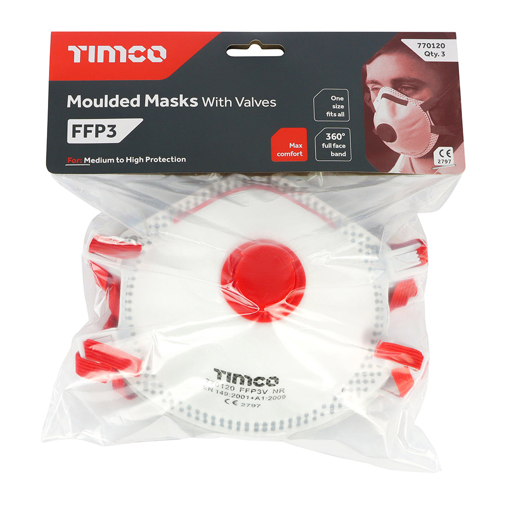 3 x TIMCO FFP3 Moulded Valved Masks - One Size