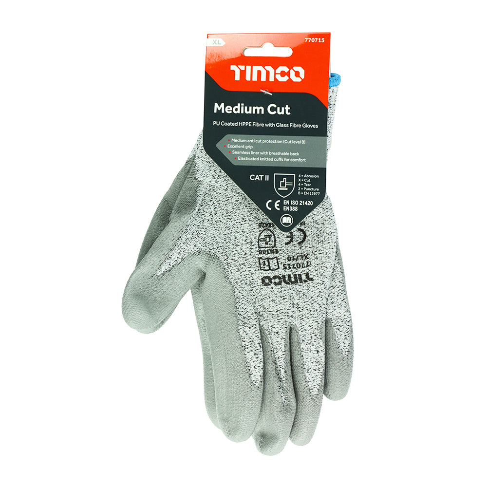 TIMCO Medium Cut PU Coated HPPE Fibre with Glass Fibre Gloves - X Large