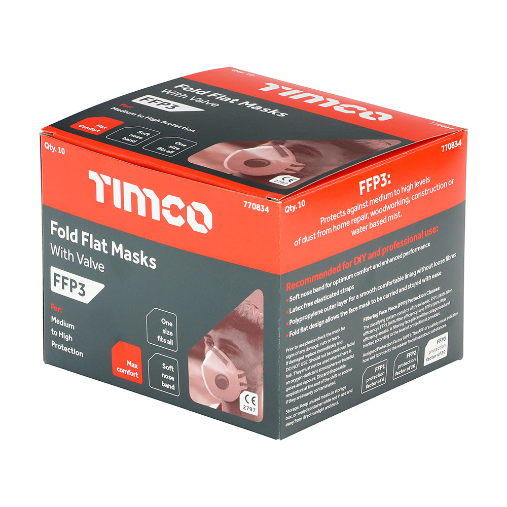 10 x TIMCO FFP3 Fold Flat Valved Masks - One Size