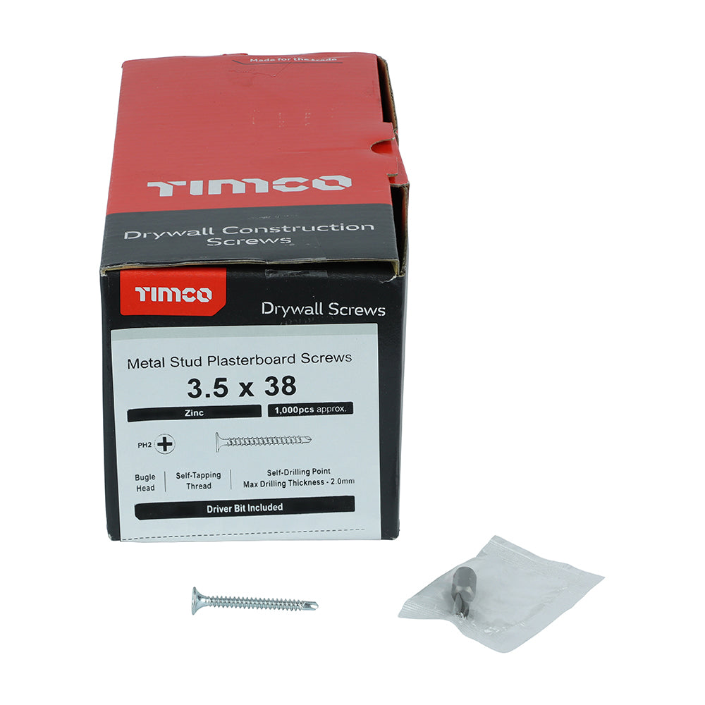 1000 x TIMCO Drywall Self-Drilling Bugle Head Silver Screws - 3.5 x 38