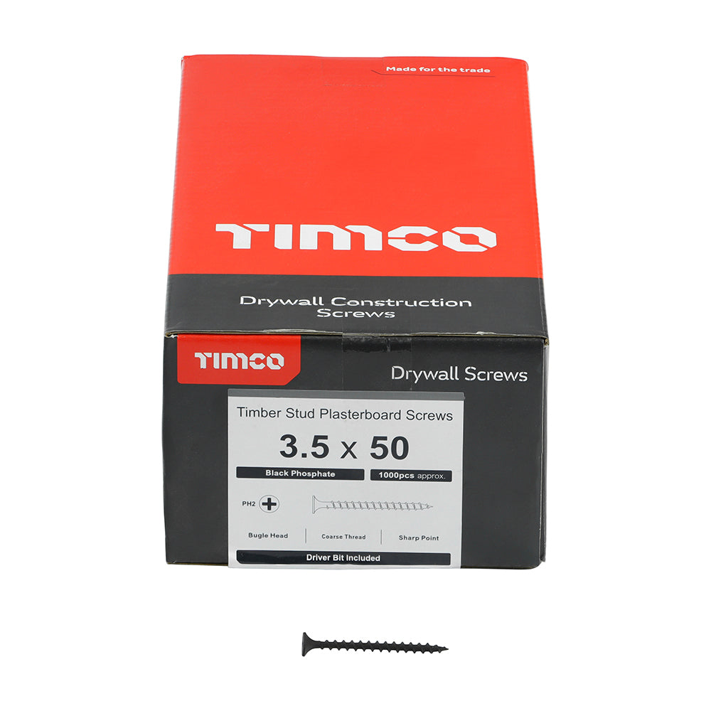 1000 x TIMCO Drywall Coarse Thread Bugle Head Black Screws - 3.5 x 50