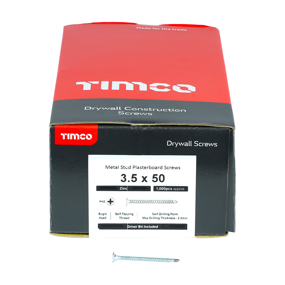 1000 x TIMCO Drywall Self-Drilling Bugle Head Silver Screws - 3.5 x 50