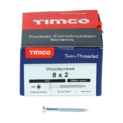 200 x TIMCO Twin-Threaded Countersunk Silver Woodscrews - 8 x 2