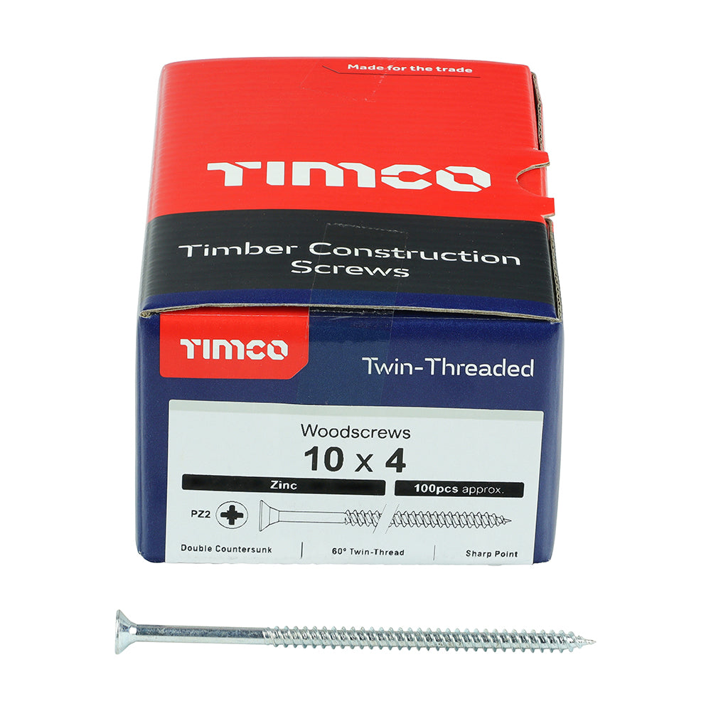 100 x TIMCO Twin-Threaded Countersunk Silver Woodscrews - 10 x 4