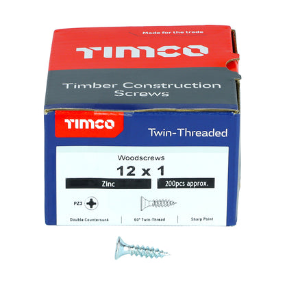 200 x TIMCO Twin-Threaded Countersunk Silver Woodscrews - 12 x 1