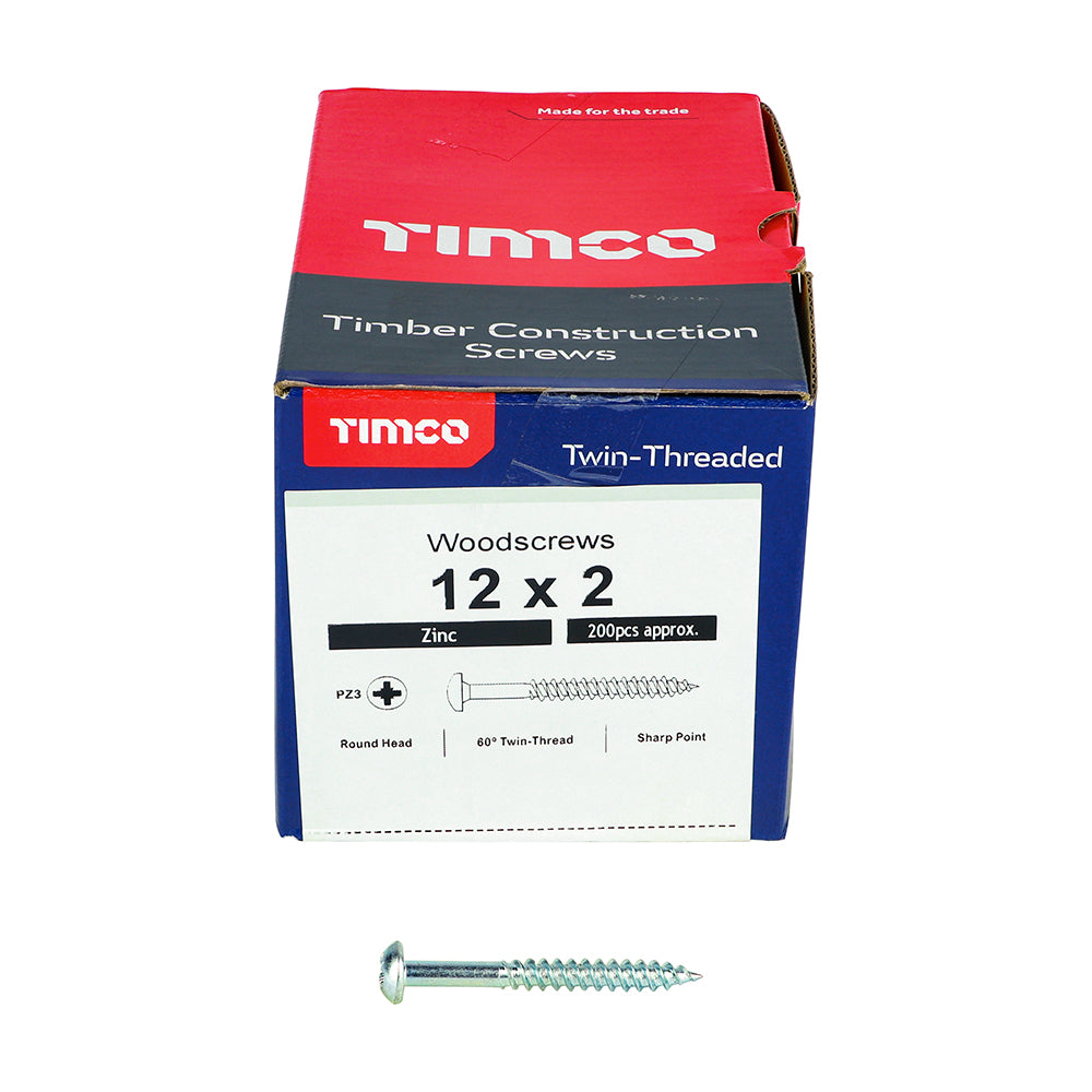 200 x TIMCO Twin-Threaded Round Head Silver Woodscrews - 12 x 2