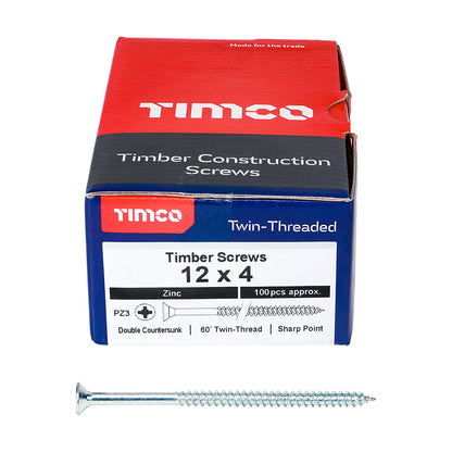 100 x TIMCO Twin-Threaded Countersunk Silver Woodscrews - 12 x 4