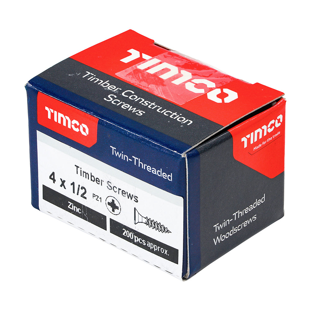 200 x TIMCO Twin-Threaded Countersunk Silver Woodscrews - 4 x 1/2