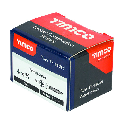 200 x TIMCO Twin-Threaded Countersunk Silver Woodscrews - 4 x 3/4