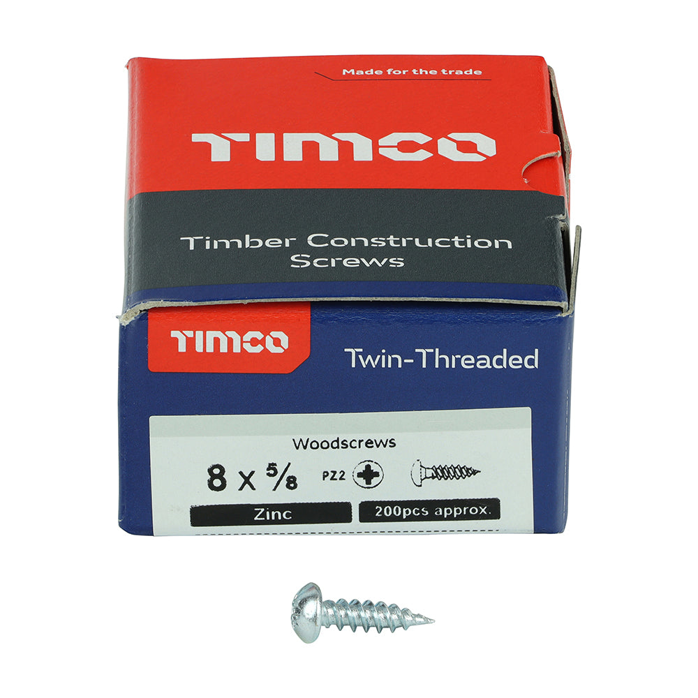 200 x TIMCO Twin-Threaded Round Head Silver Woodscrews - 8 x 5/8