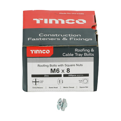 200 x TIMCO Roofing Bolts & Square Nuts Silver - M6 x 8