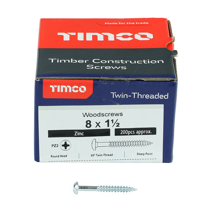 200 x TIMCO Twin-Threaded Round Head Silver Woodscrews - 8 x 11/2