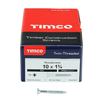 200 x TIMCO Twin-Threaded Countersunk Silver Woodscrews - 10 x 1 3/4