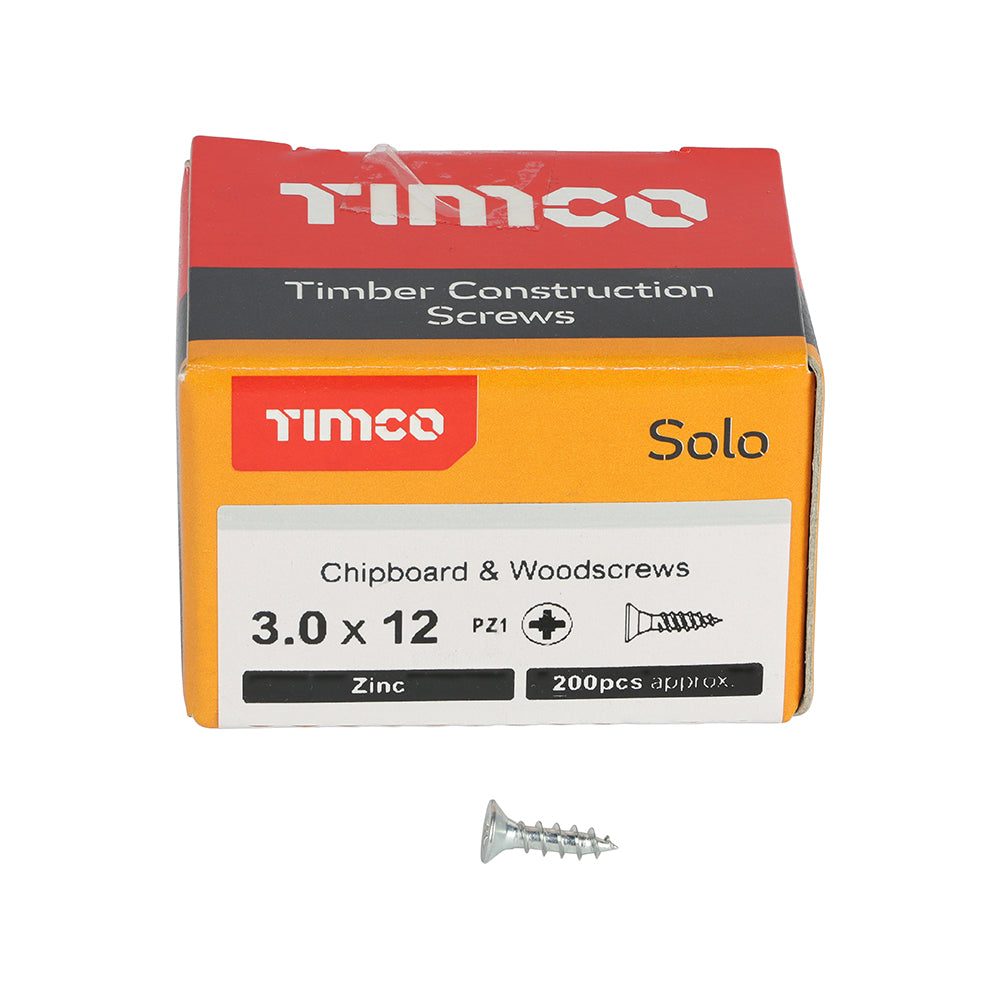 200 x TIMCO Solo Countersunk Silver Woodscrews - 3.0 x 12