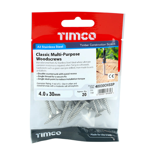 20 x TIMCO Classic Multi-Purpose Countersunk A2 Stainless Steel Woodcrews - 4.0 x 30