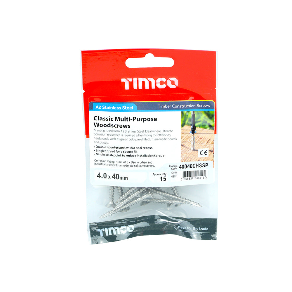 15 x TIMCO Classic Multi-Purpose Countersunk A2 Stainless Steel Woodcrews - 4.0 x 40