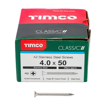 200 x TIMCO Classic Multi-Purpose Countersunk A2 Stainless Steel Woodcrews - 4.0 x 50