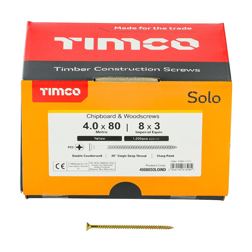 1000 x TIMCO Solo Countersunk Gold Woodscrews - 4.0 x 80