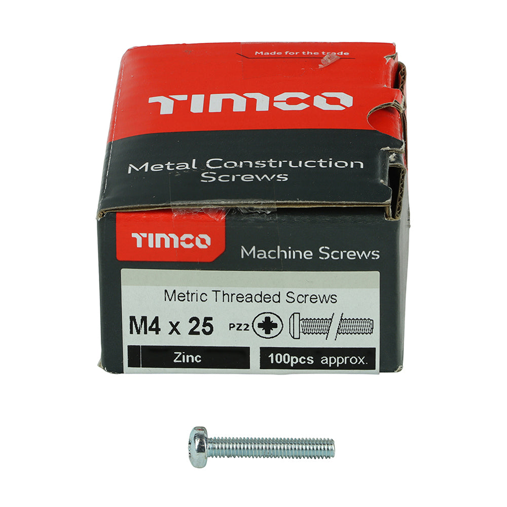 100 x TIMCO Machine Pan Head Silver Screws - M4 x 25