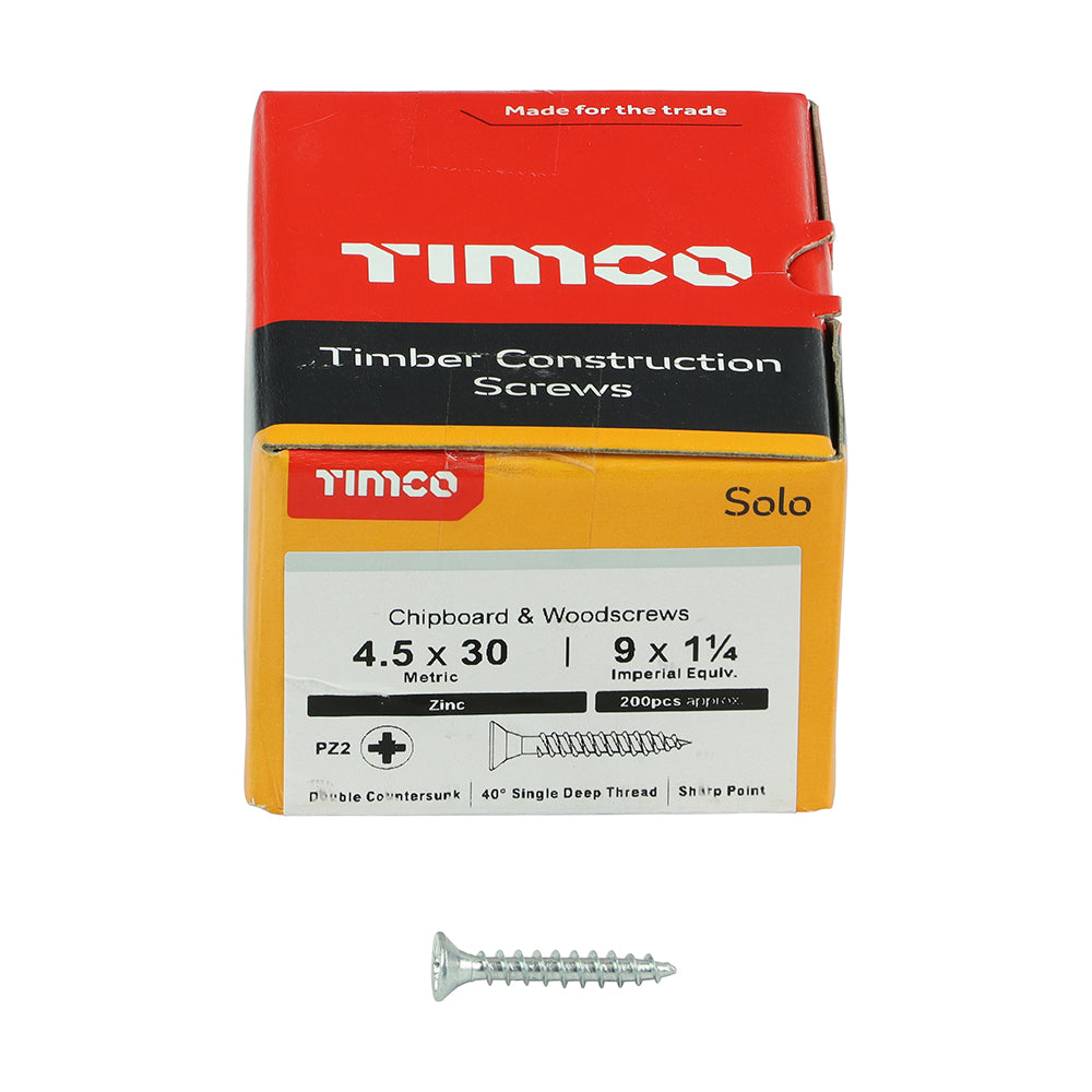 200 x TIMCO Solo Countersunk Silver Woodscrews - 4.5 x 30