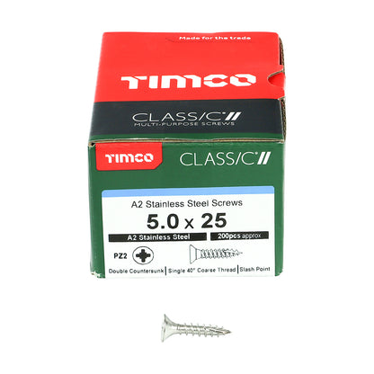 200 x TIMCO Classic Multi-Purpose Countersunk A2 Stainless Steel Woodcrews - 5.0 x 25