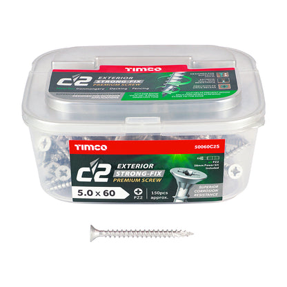 150 x TIMCO C2 Exterior Multi-Purpose Premium Countersunk Silver Woodscrews - 5.0 x 60