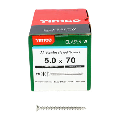 200 x TIMCO Classic Multi-Purpose Countersunk A4 Stainless Steel Woodcrews - 5.0 x 70