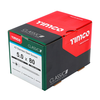 200 x TIMCO Classic Multi-Purpose Countersunk A2 Stainless Steel Woodcrews - 5.0 x 80