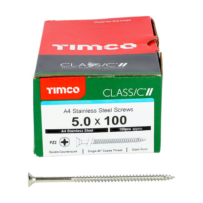 100 x TIMCO Classic Multi-Purpose Countersunk A4 Stainless Steel Woodcrews - 5.0 x 100