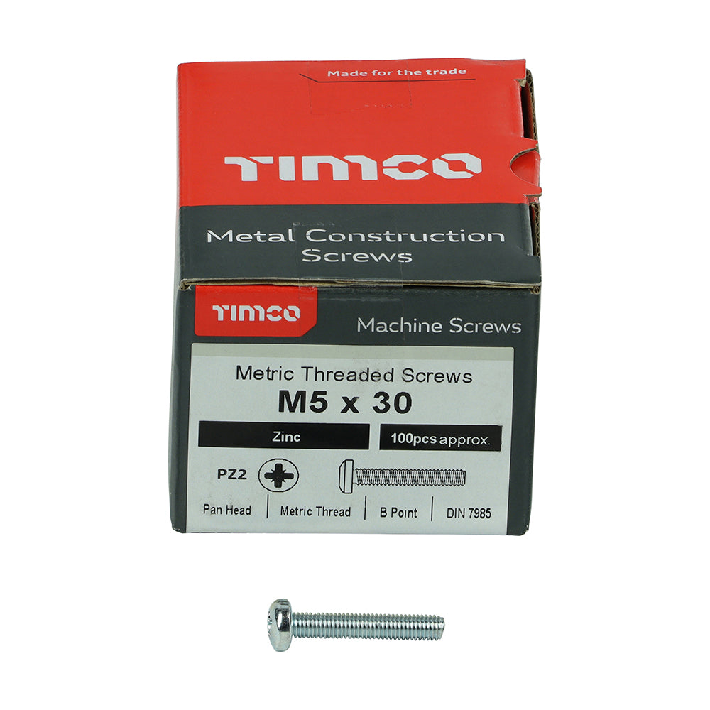 100 x TIMCO Machine Pan Head Silver Screws - M5 x 30