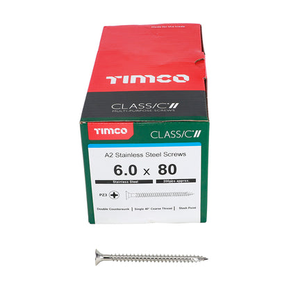 200 x TIMCO Classic Multi-Purpose Countersunk A2 Stainless Steel Woodcrews - 6.0 x 80