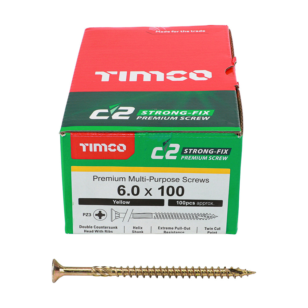 100 x TIMCO C2 Strong-Fix Multi-Purpose Premium Countersunk Gold Woodscrews - 6.0 x 100