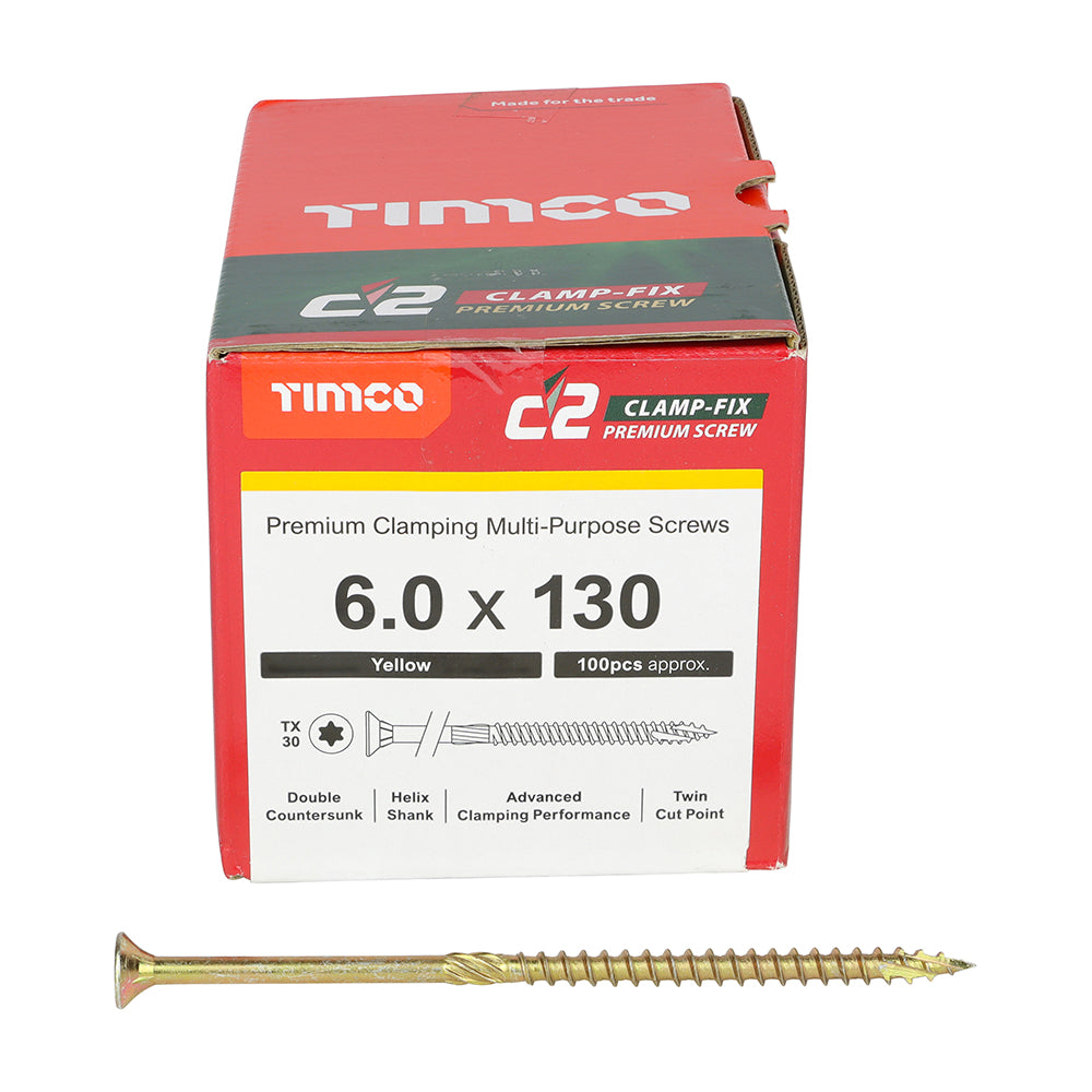 100 x TIMCO C2 Clamp-Fix Multi-Purpose Premium Countersunk Gold Woodscrews - 6.0 x 130