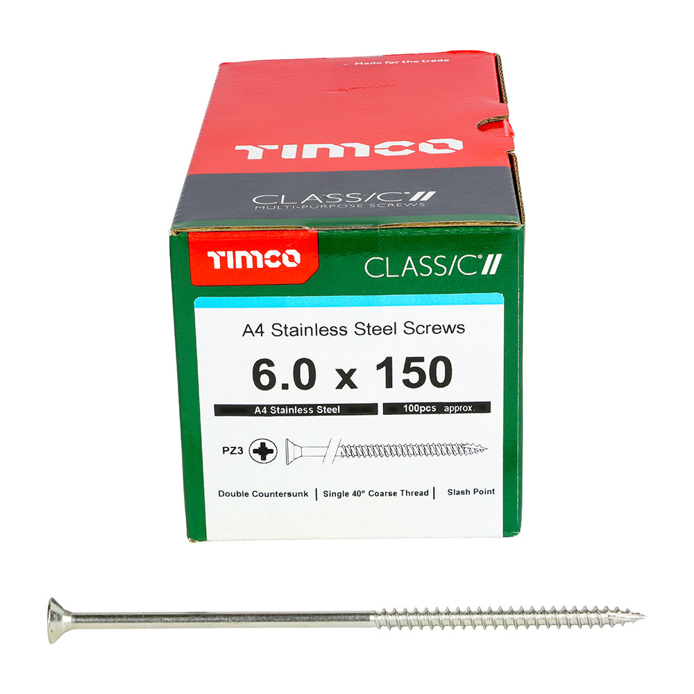 100 x TIMCO Classic Multi-Purpose Countersunk A4 Stainless Steel Woodcrews - 6.0 x 150