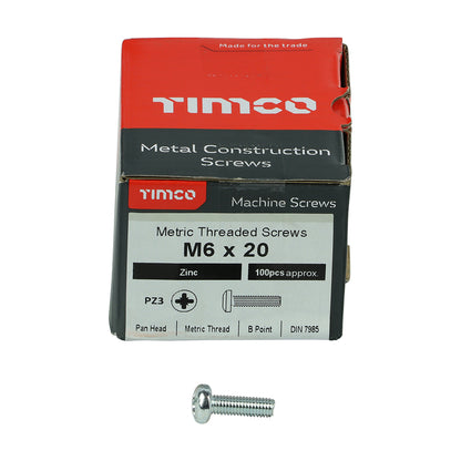 100 x TIMCO Machine Pan Head Silver Screws - M6 x 20