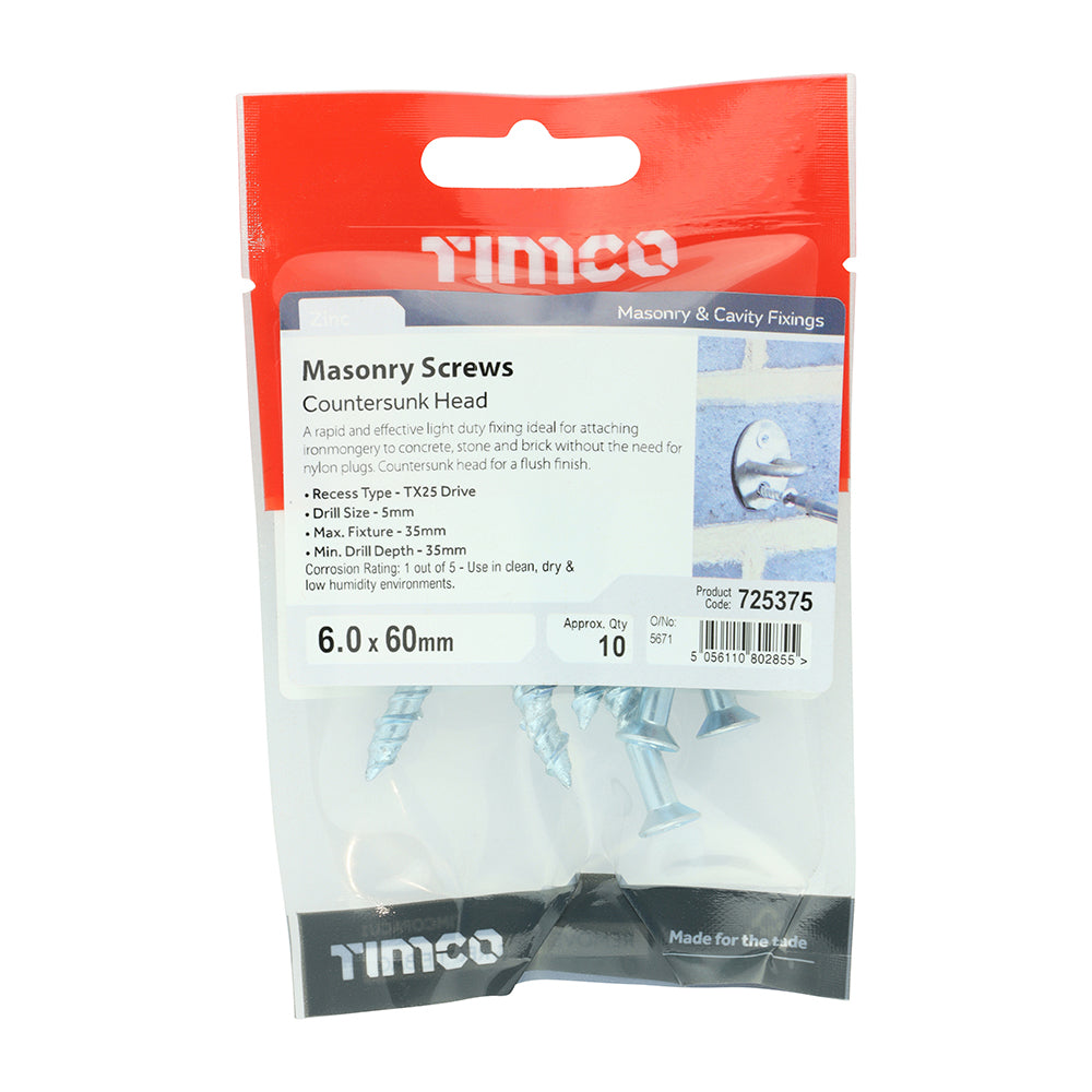 10 x TIMCO Masonry Screws Countersunk Silver - 6.0 x 60