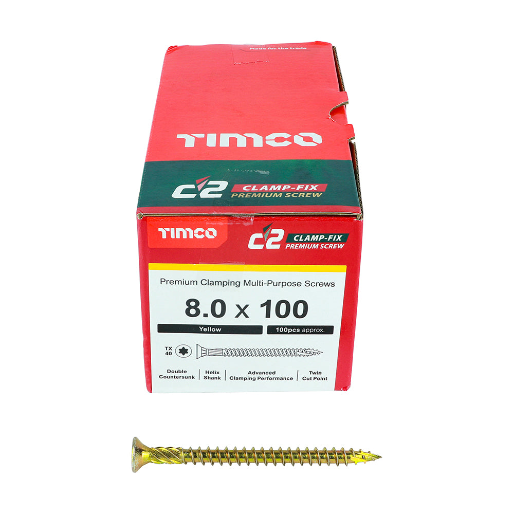 100 x TIMCO C2 Clamp-Fix Multi-Purpose Premium Countersunk Gold Woodscrews - 8.0 x 100