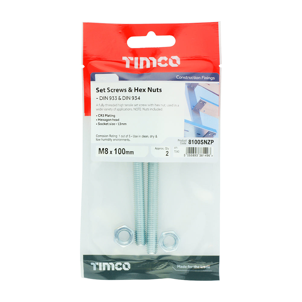 Pair of - TIMCO Set Screws DIN933 Grade 8.8 & Hex Nut DIN934 Silver - M8 x 100