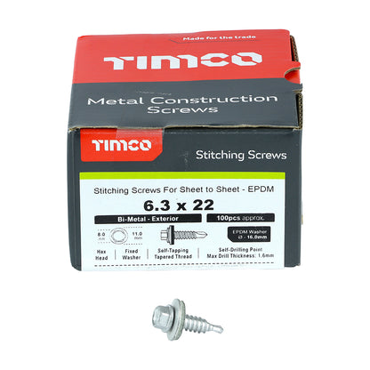 100 x TIMCO Sheet Steel Stitching Screws A2 Stainless Steel Bi-Metal with EPDM Washer - 6.3 x 22