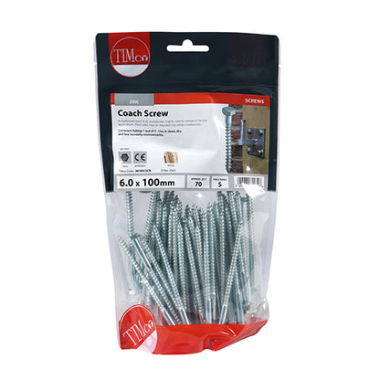 70 x TIMCO Coach Screws Hex Head Silver  - 6.0 x 100