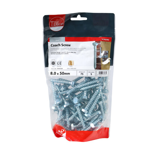 75 x TIMCO Coach Screws Hex Head Silver  - 8.0 x 50