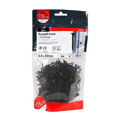 400 x TIMCO Drywall Fine Thread Bugle Head Black Screws - 3.5 x 32