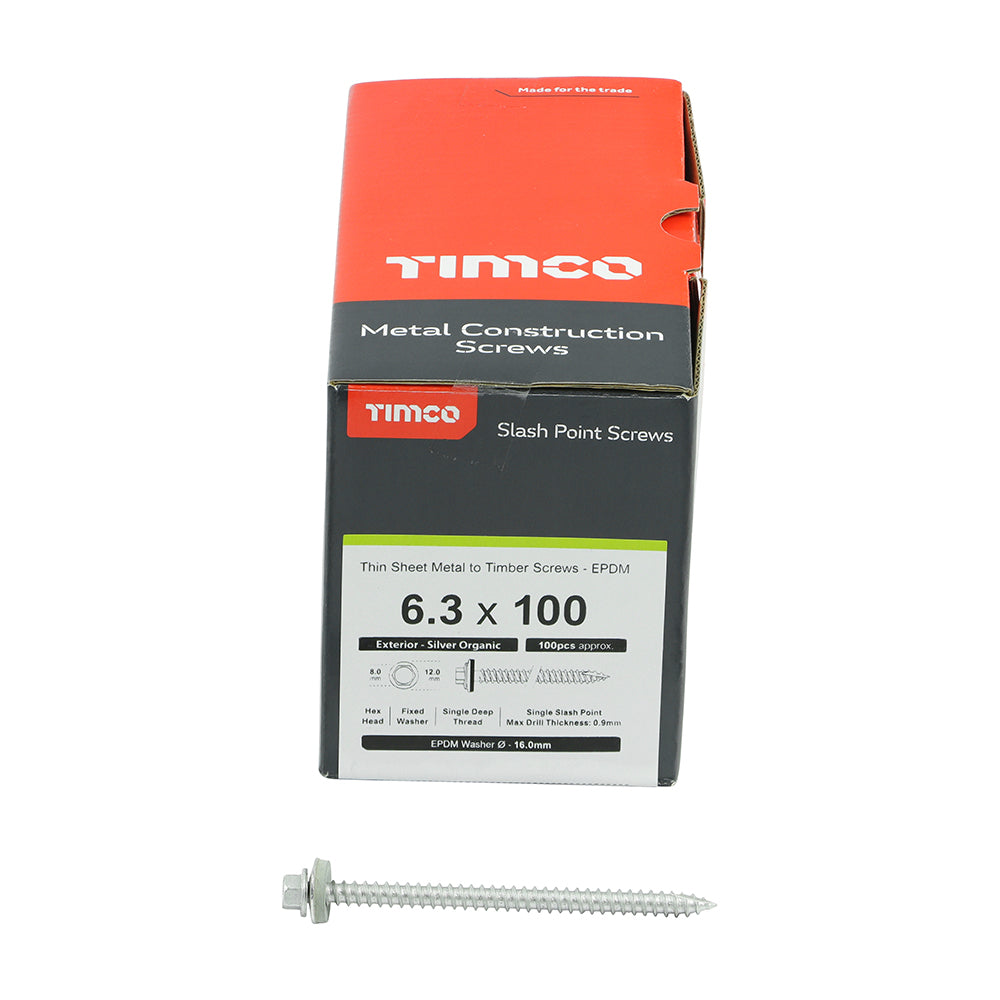 100 x TIMCO Slash Point Sheet Metal to Timber Screws Exterior Silver with EPDM Washer - 6.3 x 100