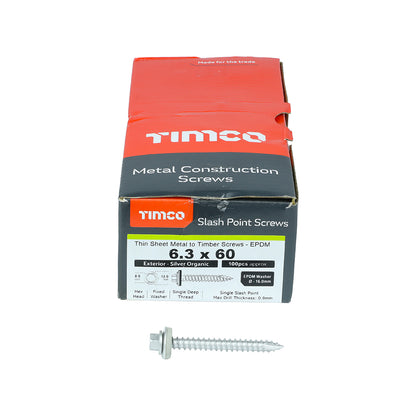 100 x TIMCO Slash Point Sheet Metal to Timber Screws Exterior Silver with EPDM Washer - 6.3 x 60