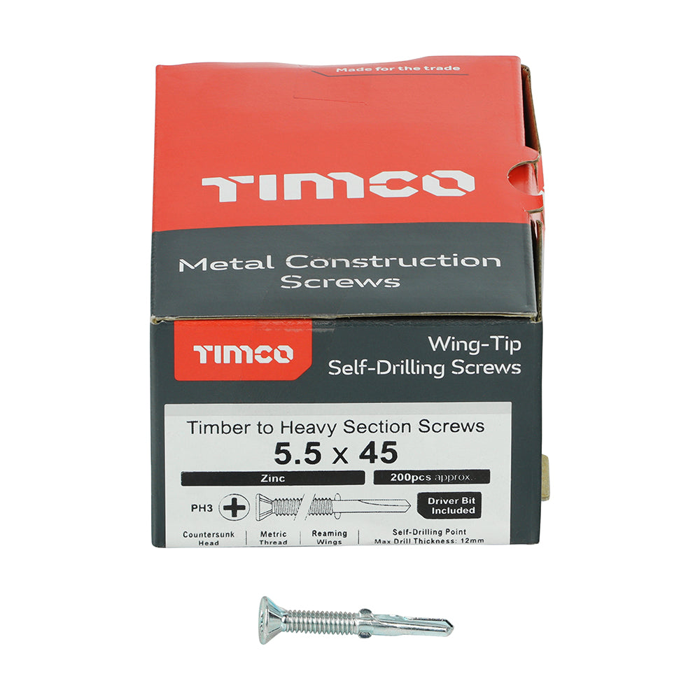 200 x TIMCO Self-Drilling Wing-Tip Steel to Timber Heavy Section Silver Screws  - 5.5 x 45